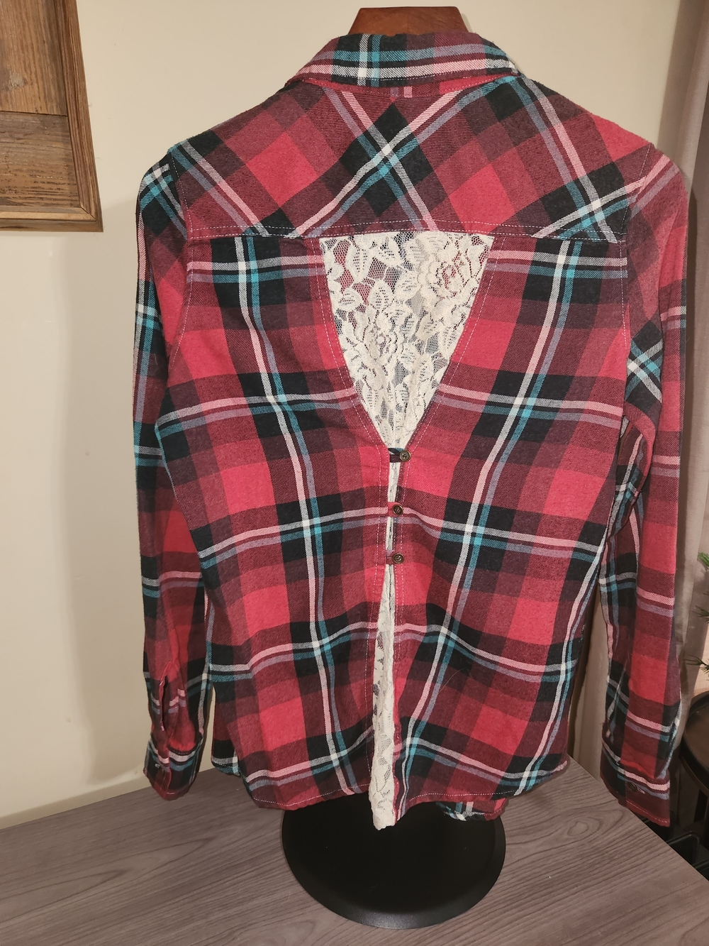 Womens Red Plaid Button-Down Shirt with Teal Accents - Picture 3 of 5